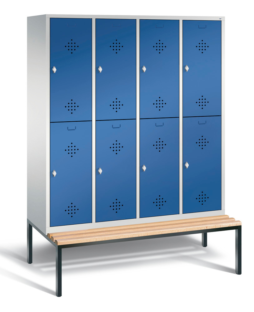 Double locker with bench Cabo, 8 compartments, W 1590, H 2090, D 500/815, grey/blue