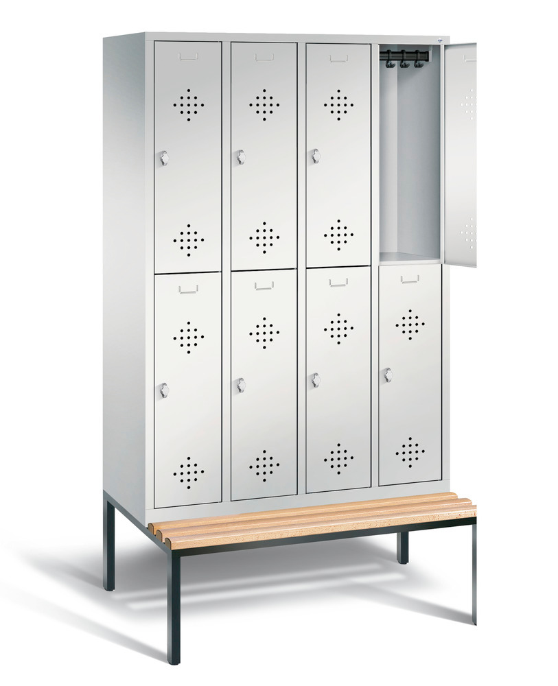 Double locker with bench Cabo, 8 compartments, W 1190, H 2090, D 500/815, grey/grey - 2