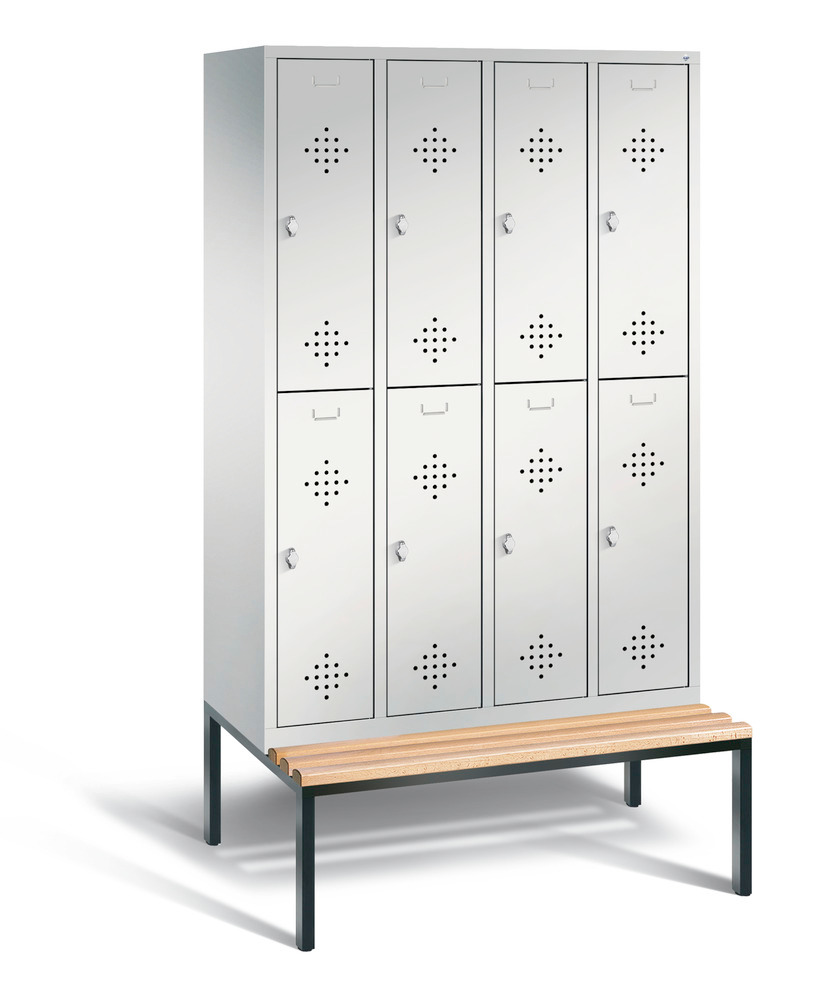 Double locker with bench Cabo, 8 compartments, W 1190, H 2090, D 500/815, grey/grey - 1