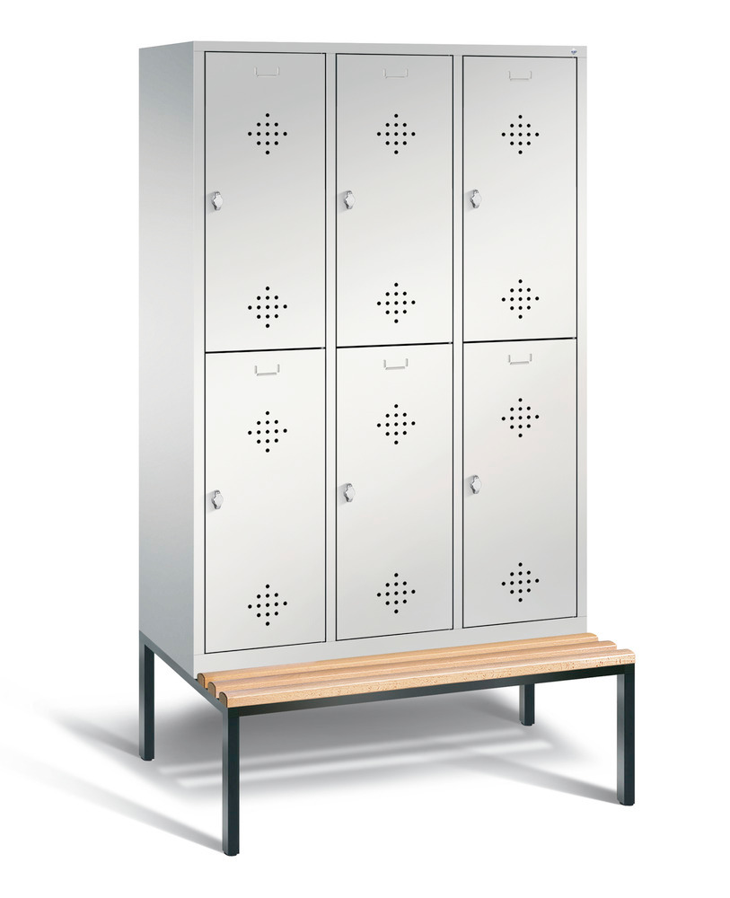 Double locker with bench Cabo, 6 compartments, W 1200, H 2090, D 500/815, grey/grey