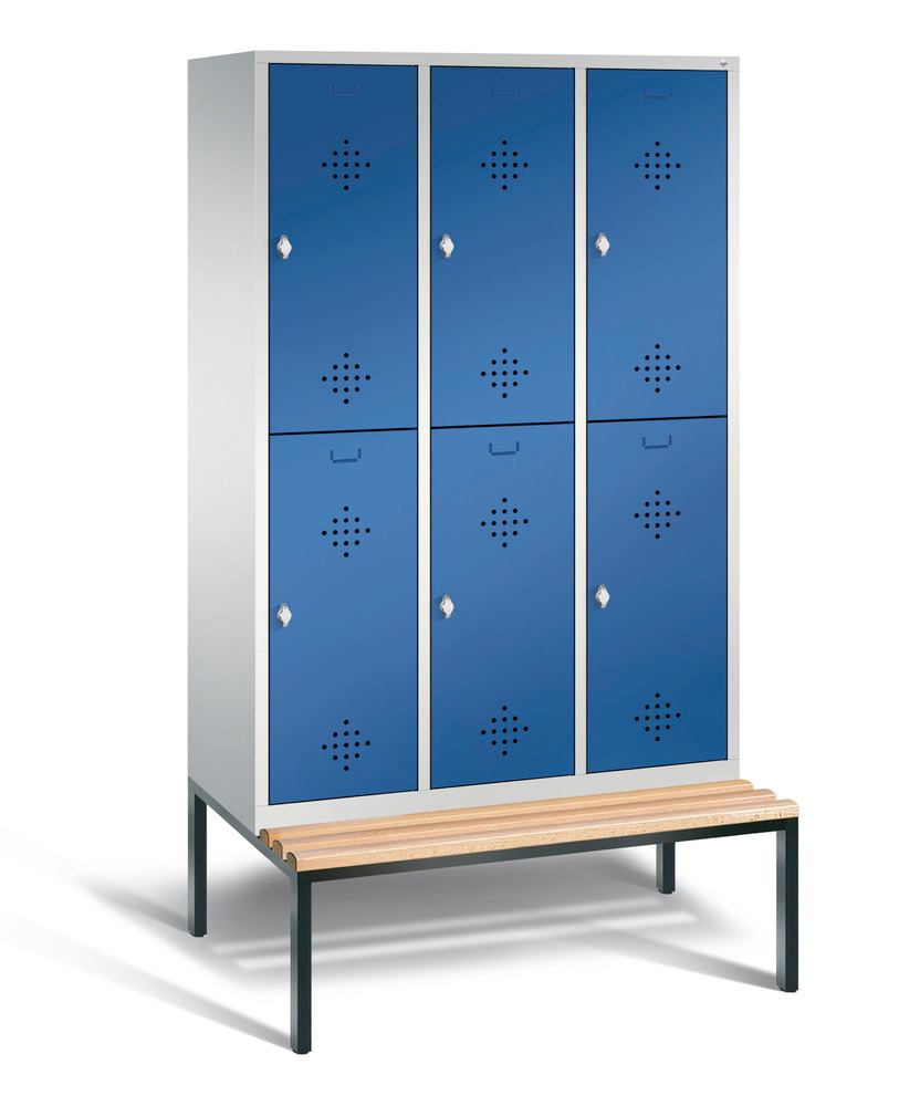 Double locker with bench Cabo, 6 compartments, W 1200, H 2090, D 500/815, grey/blue - 1