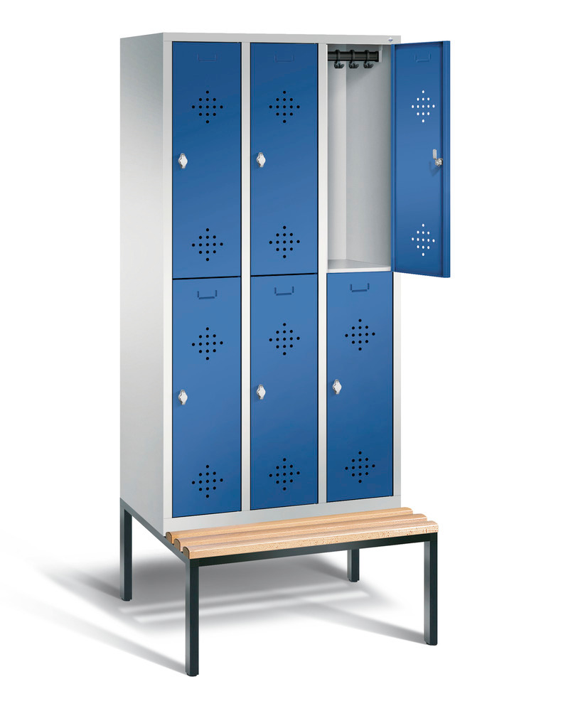 Double locker with bench Cabo, 6 compartments, W 900, H 2090, D 500/815, grey/blue - 2