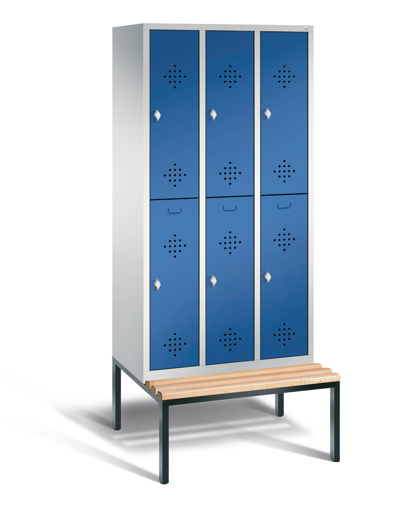 Double locker with bench Cabo, 6 compartments, W 900, H 2090, D 500/815, grey/blue