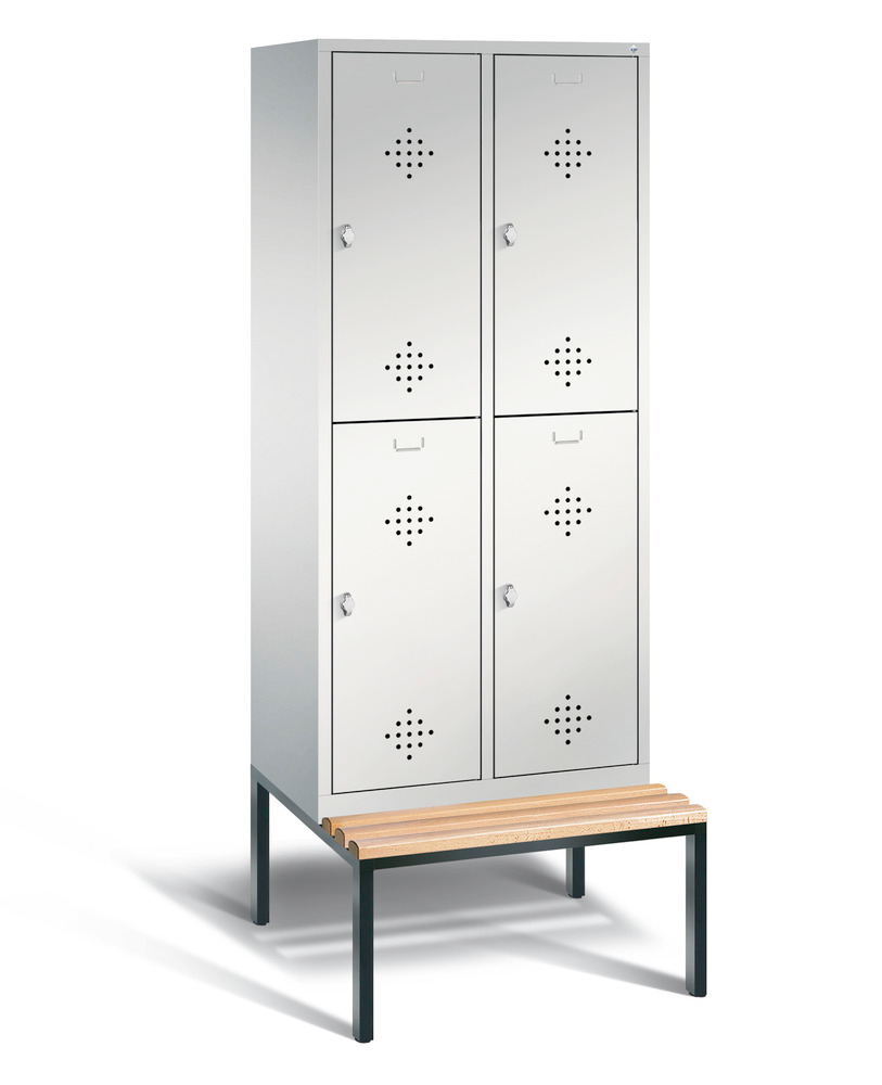 Double locker with bench Cabo, 4 compartments, W 810, H 2090, D 500/815, grey/grey
