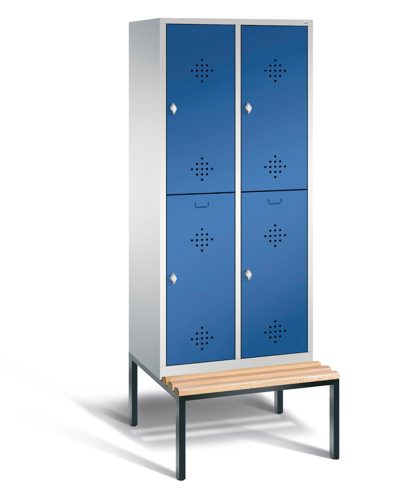 Double locker with bench Cabo, 4 compartments, W 810, H 2090, D 500/815, grey/blue - 1