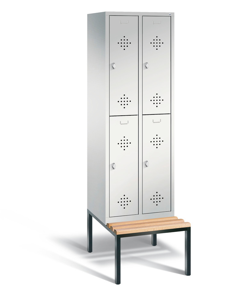 Double locker with bench Cabo, 4 compartments, W 610, H 2090, D 500/815, grey/grey