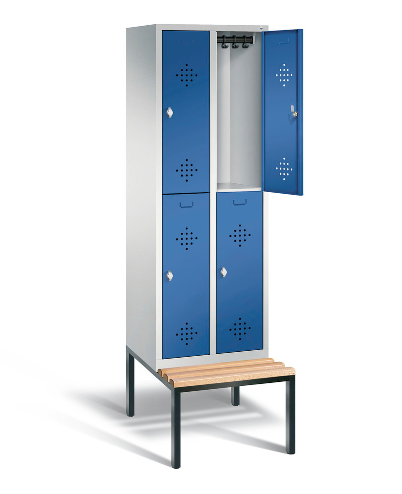Double locker with bench Cabo, 4 compartments, W 610, H 2090, D 500/815, grey/blue - 2