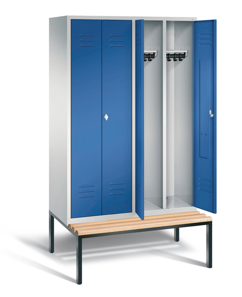 Double locker with bench Cabo, 4 compartments, W 1190, H 2090, D 500/815, grey/blue