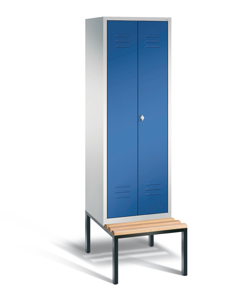 Double locker with bench Cabo, 2 compartments, W 610, H 2090, D 500/815, grey/blue - 1