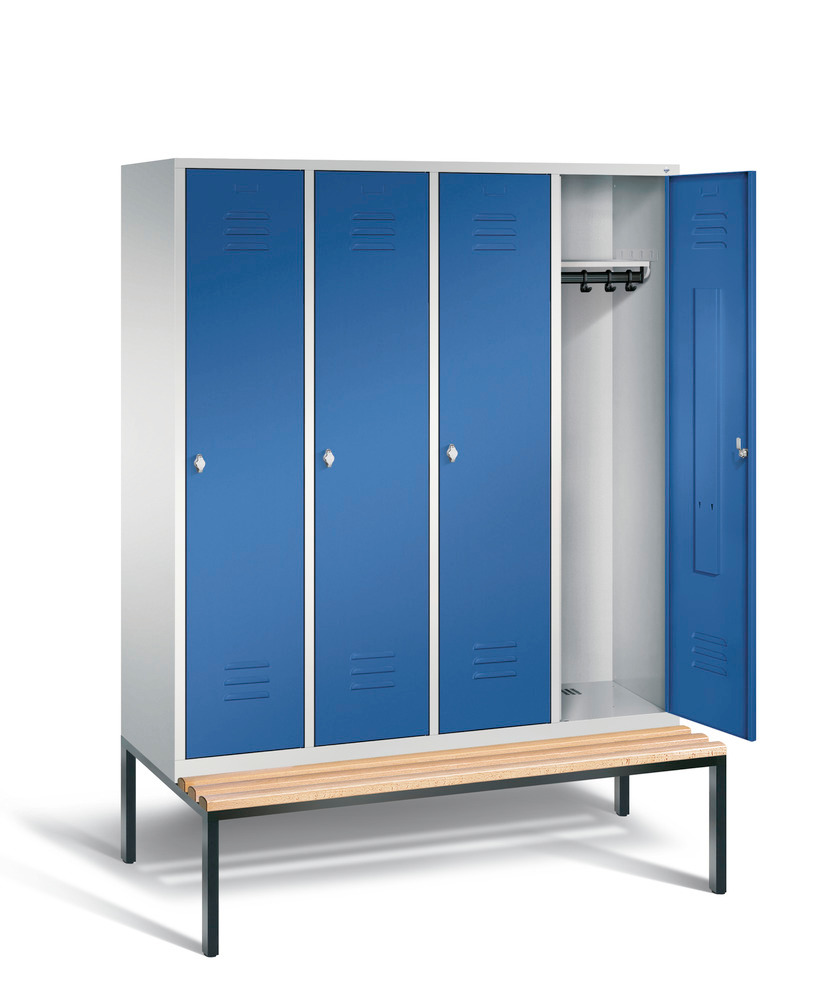 Locker with bench Cabo, 4 compartments, W 1590, H 2090, D 500/815, grey/blue - 2