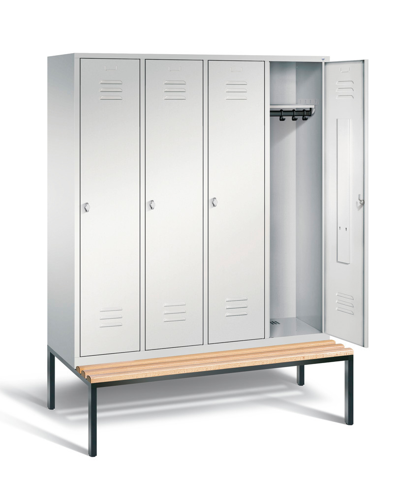 Locker with bench Cabo, 4 compartments, W 1590, H 2090, D 500/815, grey/grey - 2