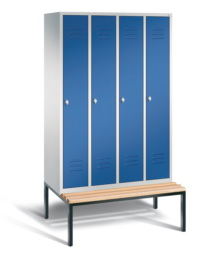 Locker with bench Cabo, 4 compartments, W 1190, H 2090, D 500/815, grey/blue - 1