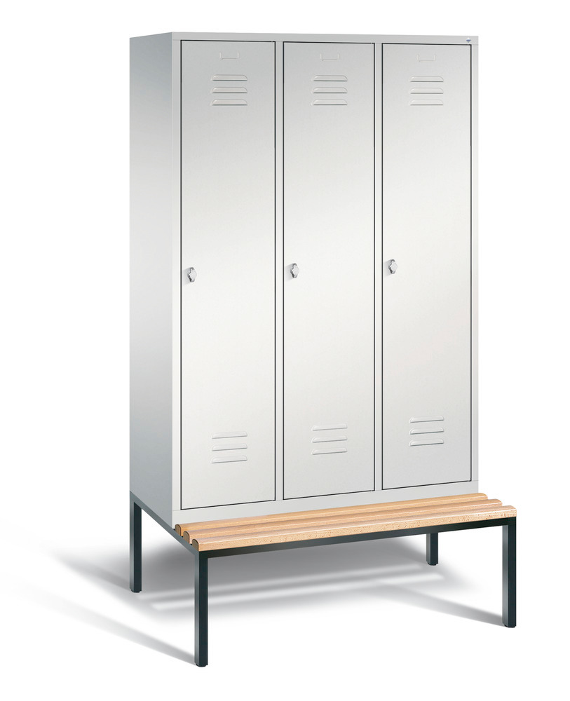Locker with bench Cabo, 3 compartments, W 1200, H 2090, D 500/815, grey/grey
