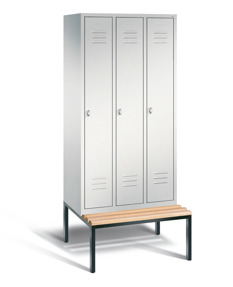 Locker with bench Cabo, 3 compartments, W 900, H 2090, D 500/815, grey/grey - 1