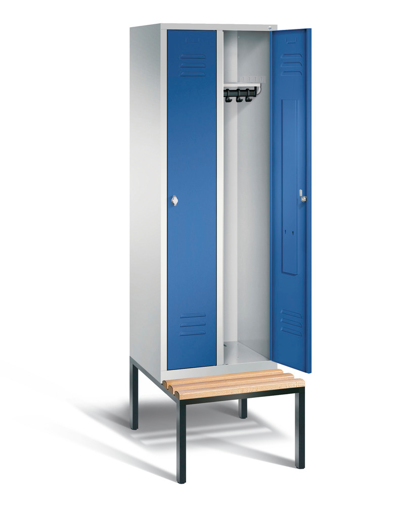 Locker with bench Cabo, 2 compartments, W 610, H 2090, D 500/815, grey/blue - 2