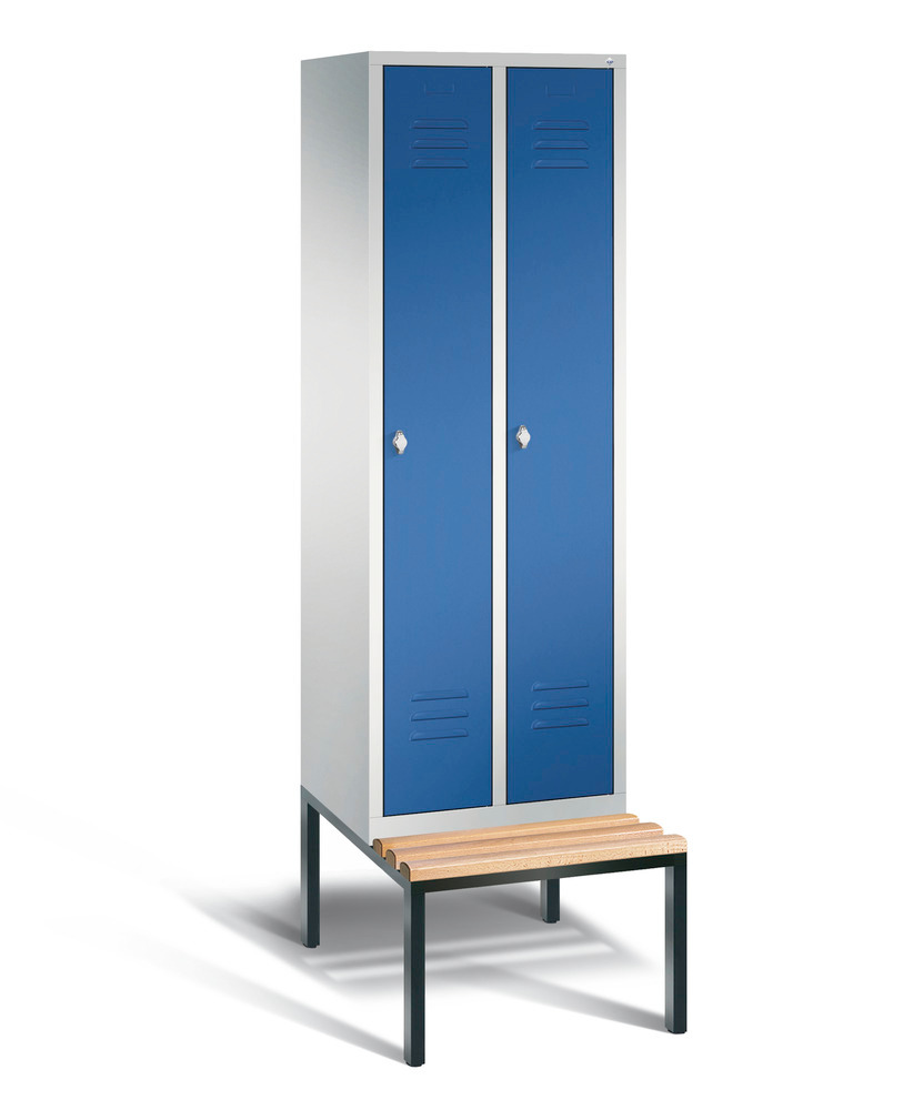 Locker with bench Cabo, 2 compartments, W 610, H 2090, D 500/815, grey/blue