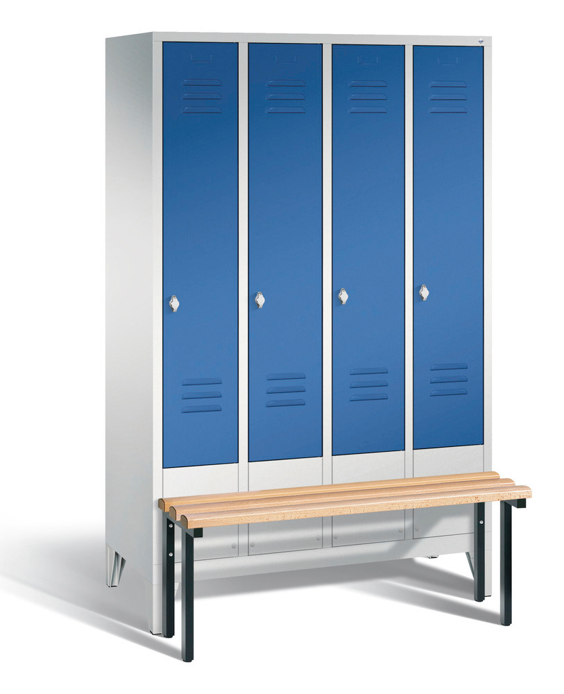 Locker with bench Cabo, 4 compartments, W 1190, H 1850, D 500/815, grey/blue - 1
