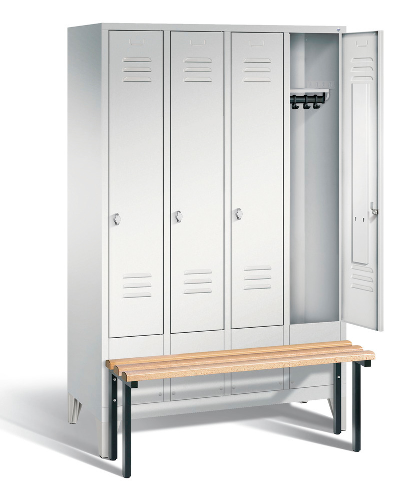 Locker with bench Cabo, 4 compartments, W 1190, H 1850, D 500/815, grey/grey - 2