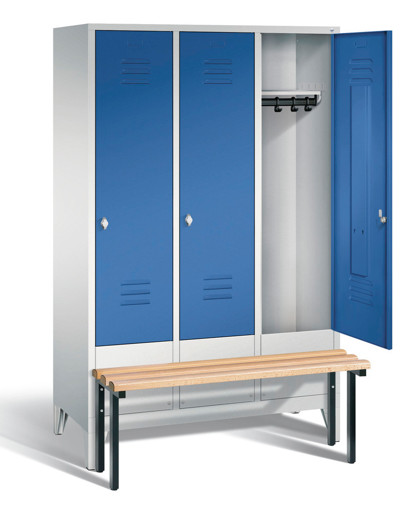 Locker with bench Cabo, 3 compartments, W 1200, H 1850, D 500/815, grey/blue - 2