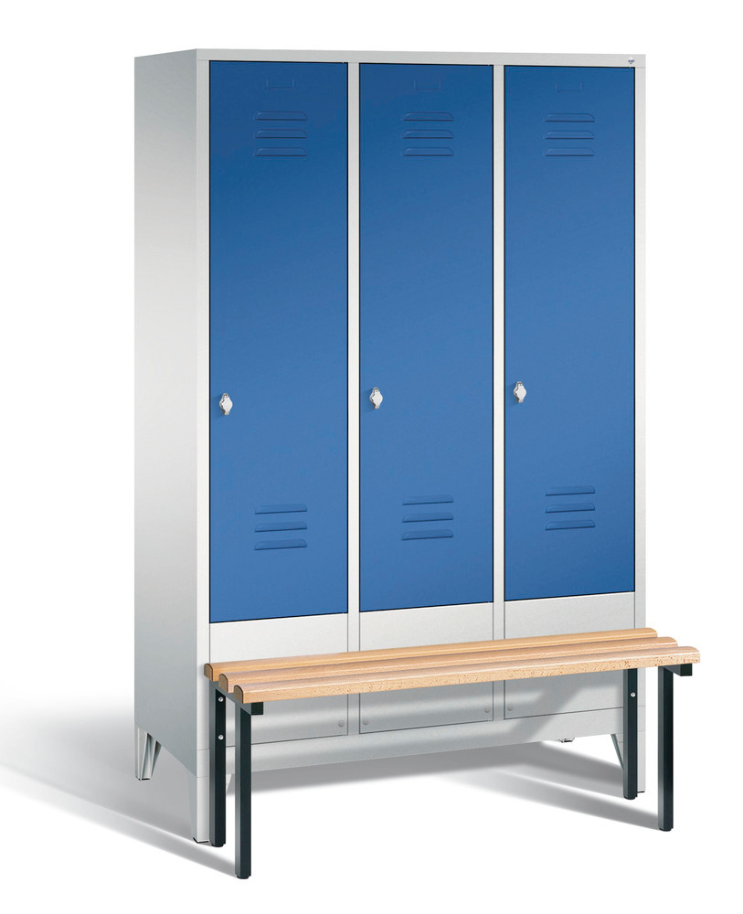 Locker with bench Cabo, 3 compartments, W 1200, H 1850, D 500/815, grey/blue - 1