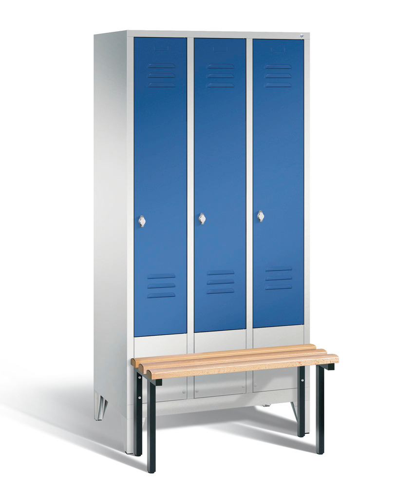 Locker with bench Cabo, 3 compartments, W 900, H 1850, D 500/815, grey/blue