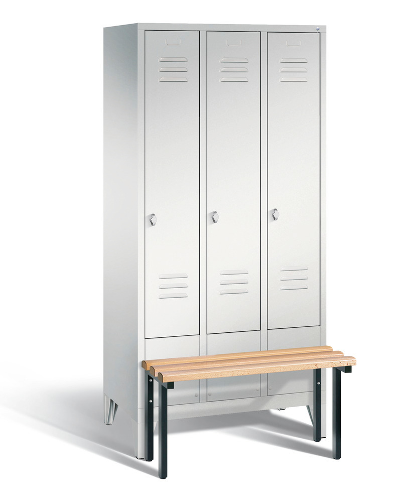 Locker with bench Cabo, 3 compartments, W 900, H 1850, D 500/815, grey/grey