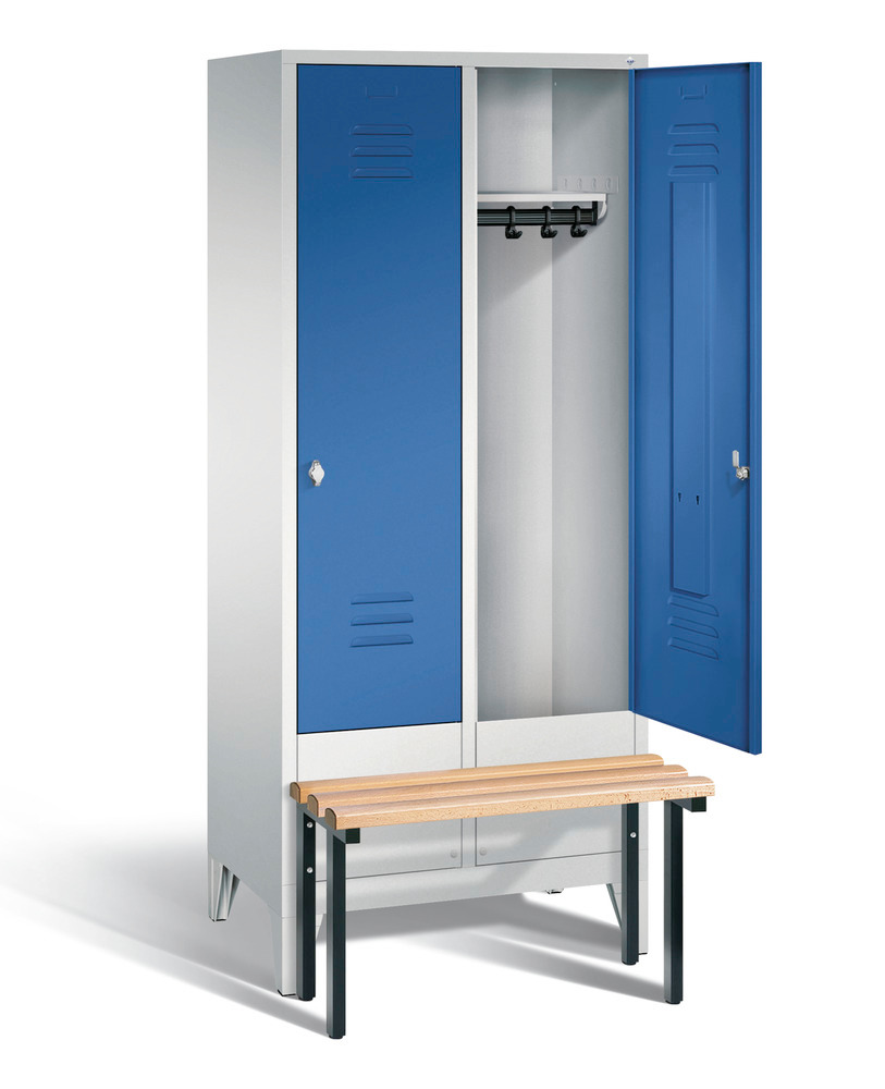 Locker with bench Cabo, 2 compartments, W 810, H 1850, D 500/815, grey/blue - 2