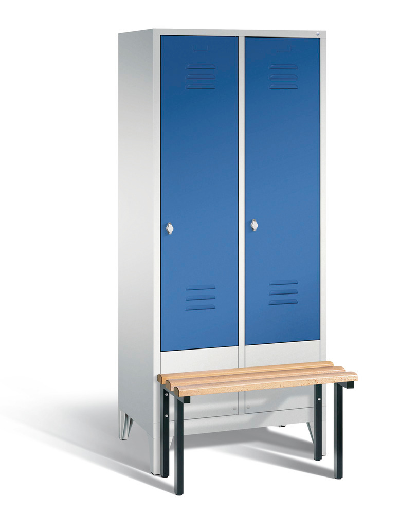 Locker with bench Cabo, 2 compartments, W 810, H 1850, D 500/815, grey/blue