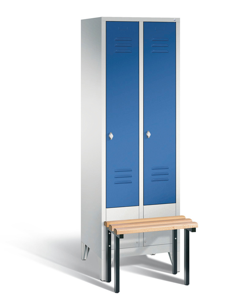 Locker with bench Cabo, 2 compartments, W 610, H 1850, D 500/815, grey/blue