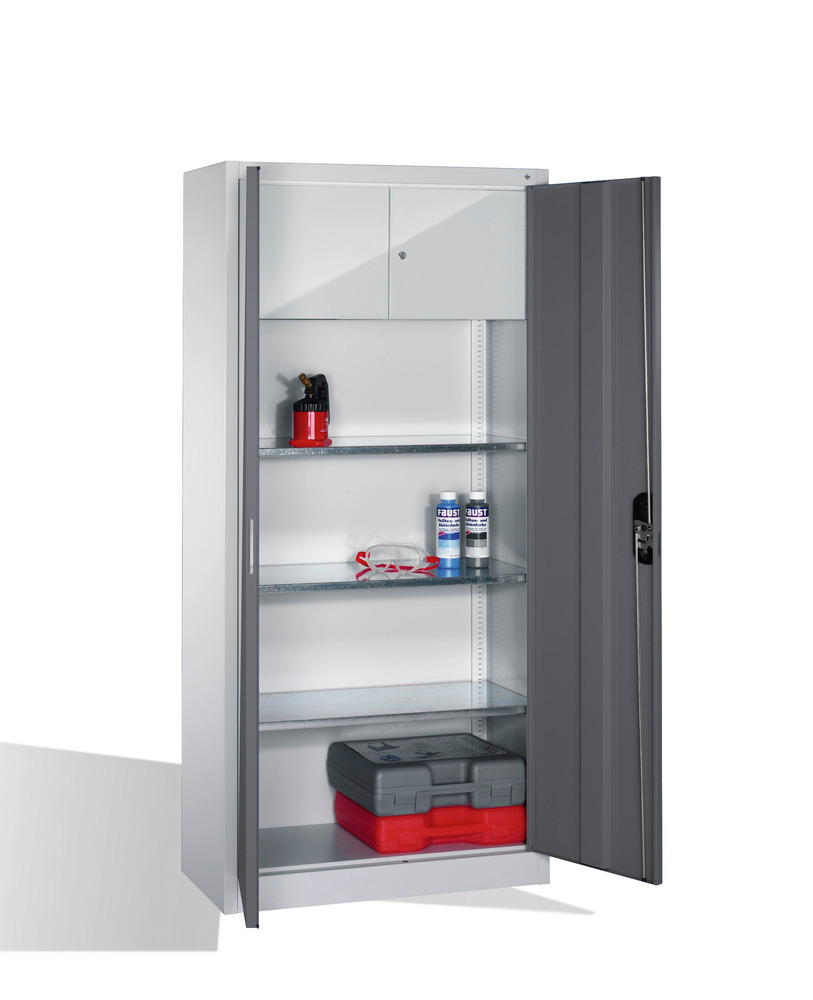 Tooling equipment cabinet Cabo, wing drs, val. comp, 3 shelves, W 930, D 500, H 1950 mm, grey - 1