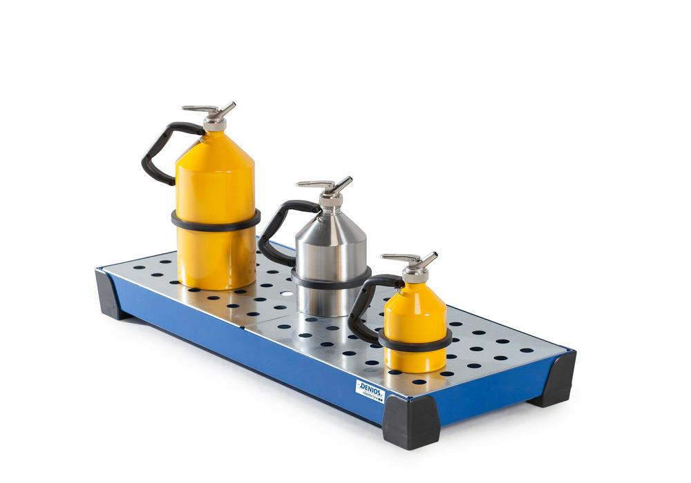 Spill tray for small containers classic-line, steel, paint, w galv. perf. sh, 20 litre, 987x400x95