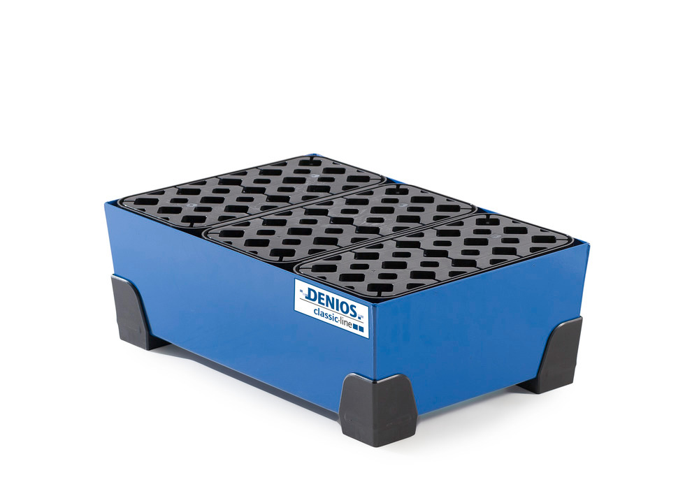 Spill tray for small containers classic-line in steel, painted, with PE grid, 30 litre, 584x392x200