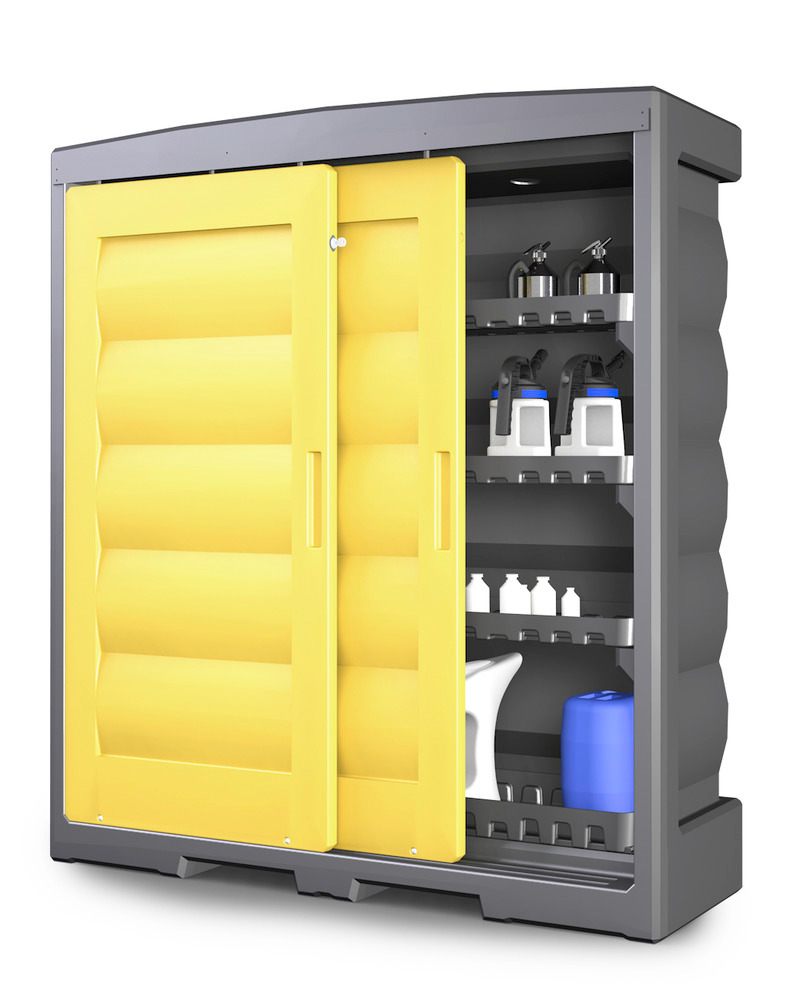 Armário de portas deslizantes para substâncias corrosivas, 4 estantes com bacia: “PolyStore 1820”