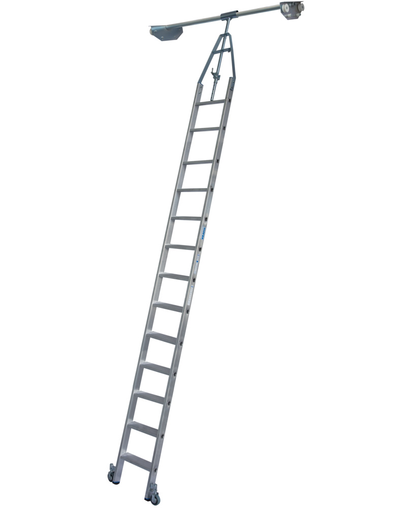 Stufen-Regalleiter, Doppelregal, Aluminium, fahrbar, mit Schienenanlage, 13 Stufen - 1