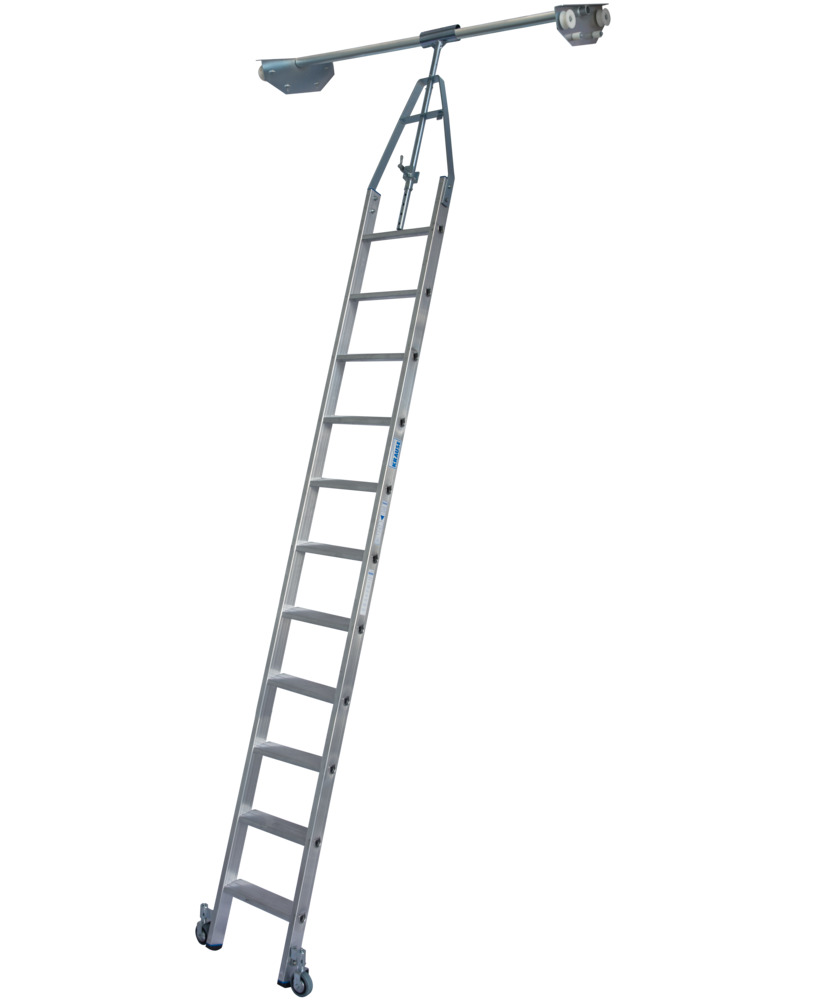 Stufen-Regalleiter, Doppelregal, Aluminium, fahrbar, mit Schienenanlage, 11 Stufen - 1