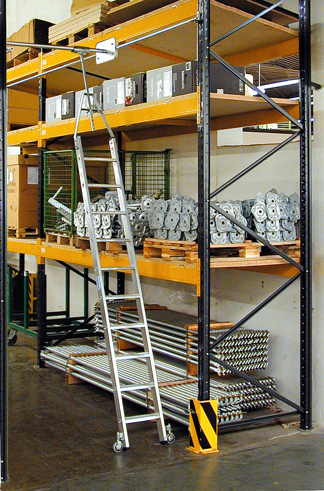 Stufen-Regalleiter, Doppelregal, Aluminium, fahrbar, mit Schienenanlage, 10 Stufen - 3