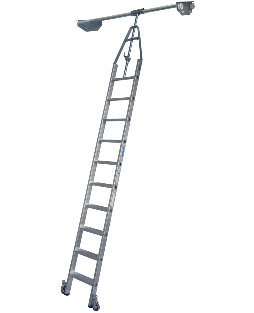 Stufen-Regalleiter, Doppelregal, Aluminium, fahrbar, mit Schienenanlage, 10 Stufen - 1