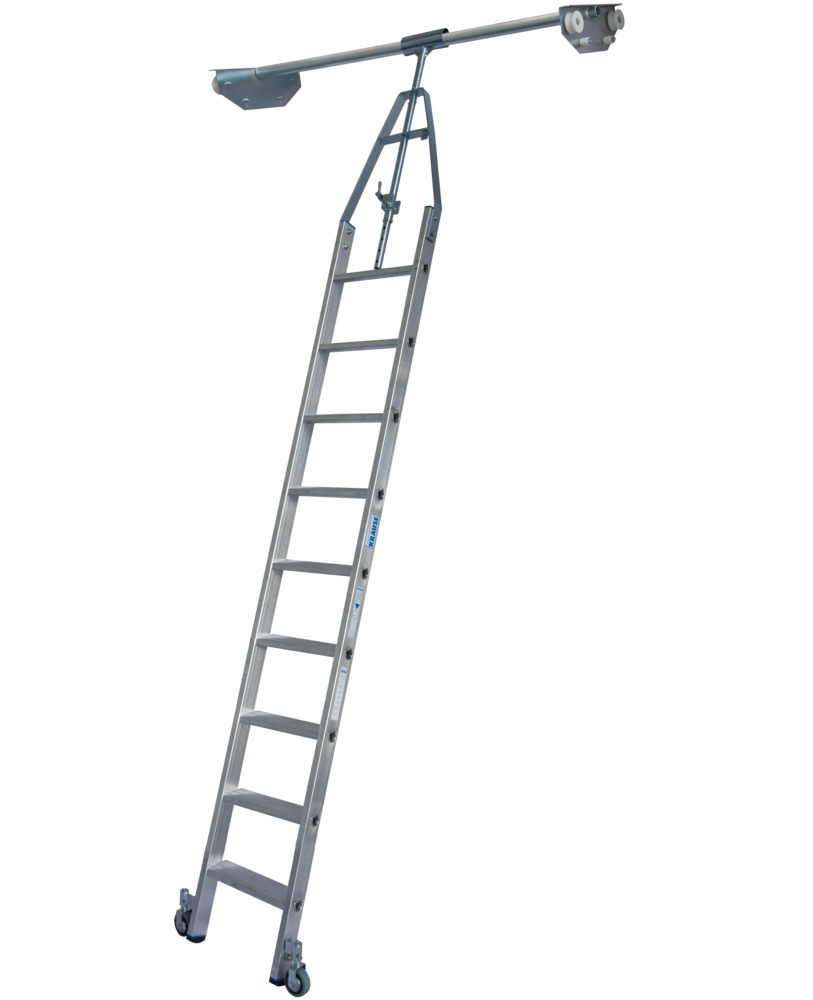 Pojazdný regálový rebrík, hliníkový, medzi 2 regálmi, 9 priečok - 1