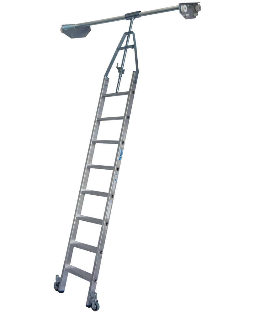 Stufen-Regalleiter, Doppelregal, Aluminium, fahrbar, mit Schienenanlage, 8 Stufen - 1