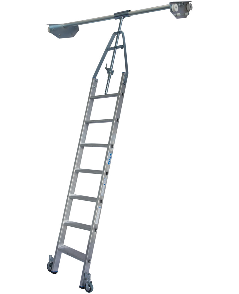 Pojazdný regálový rebrík, hliníkový, medzi 2 regálmi, 7 priečok - 1