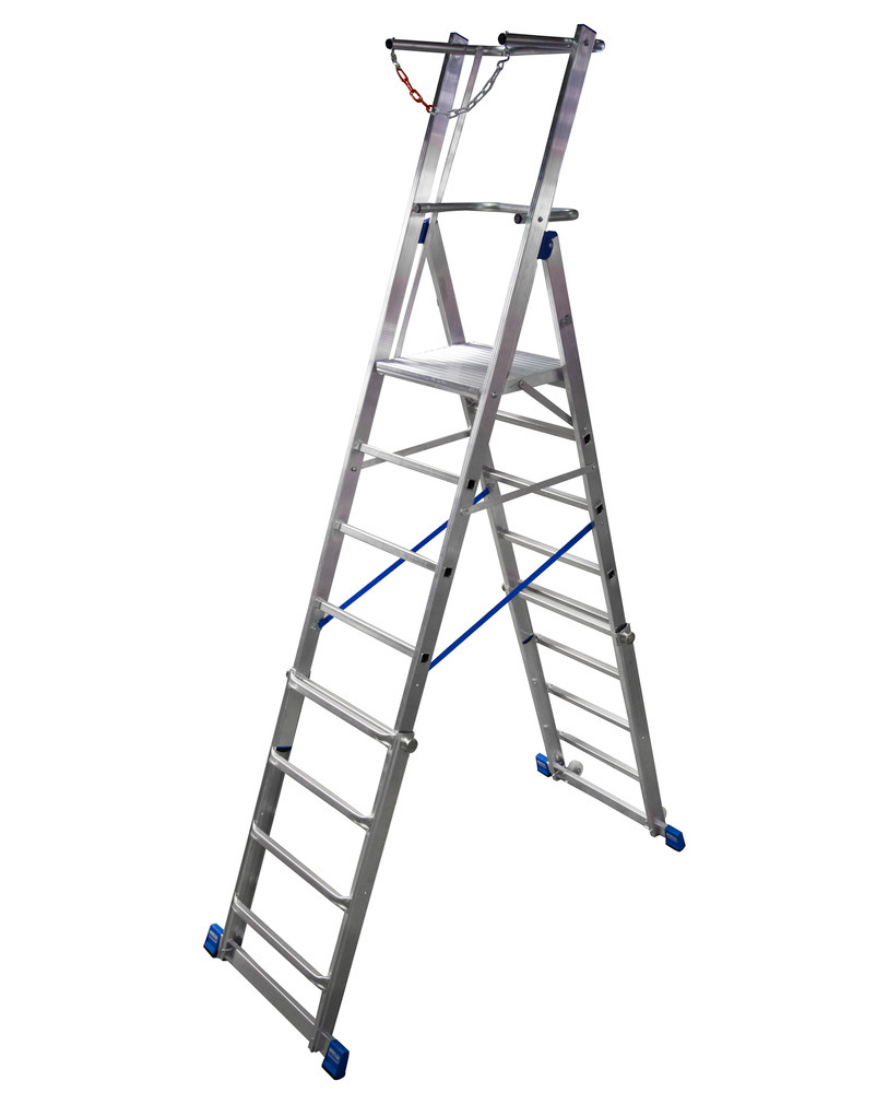 Escada com plataforma telescópica, alumínio, com apoio grande, altura regulável, 6-8 degraus - 1
