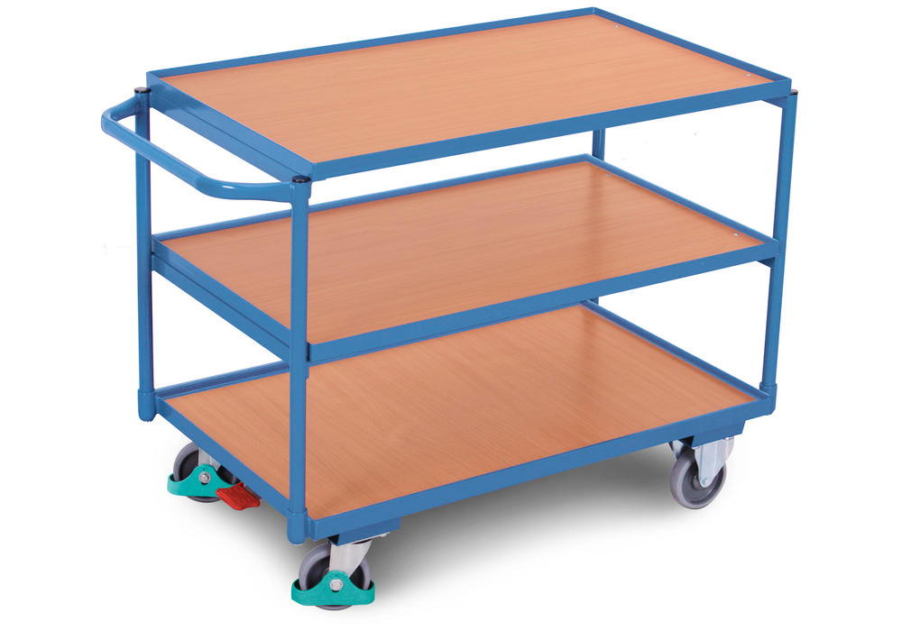 Asztalkocsi DENIOS classic-line acélból, 3 polccal/peremmel, TPE-kerekek, ErgoStop, 835 x 490 mm - 1