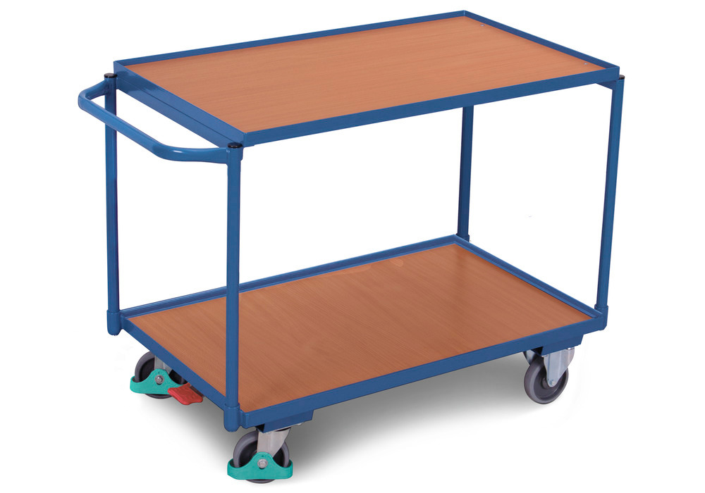 Works trolley DENIOS classic-line with 2 shelves/edge, TPE tyres, ErgoStop, 835x490 mm - 1