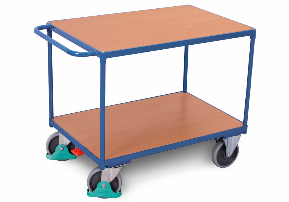 Tischwagen DENIOS classic-line aus Stahl, 2 Böden, TPE-Reifen, ErgoStop, 1200x800mm, Tragkraft 500kg - 1