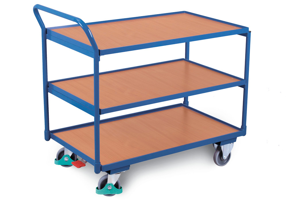 Works trolley DENIOS classic-line with 3 shelves/edge, TPE tyres, ErgoStop, curve handle, 835x490 mm