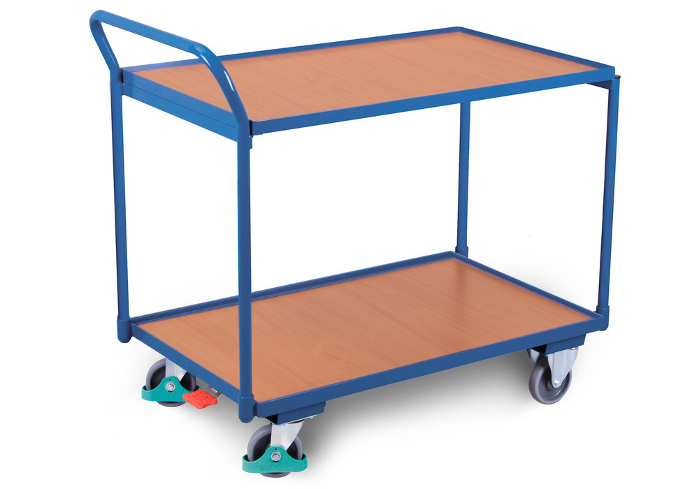 Works trolley DENIOS classic-line, with 2 shelves/edge, curve handle, TPE tyres, ErgoStop,985x590 mm - 1