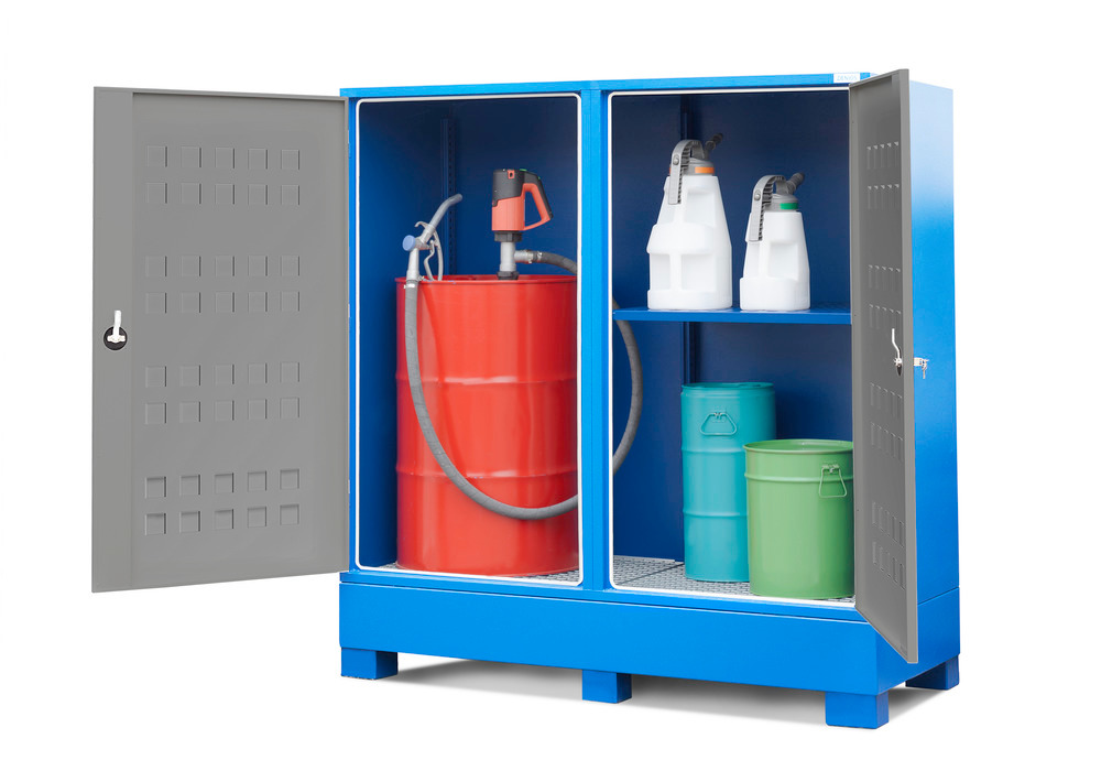 Depósito para químicos com portas, para 1 bidão e 1 prat. para recipientes pequenos: SteelSafe D2 - 1