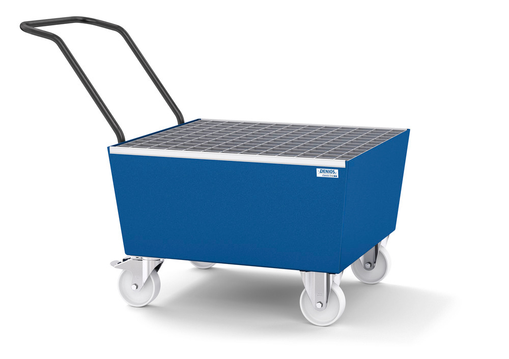 Mobile spill pallet classic-line in steel for 1 x 205 l drum, painted, with grid - 1