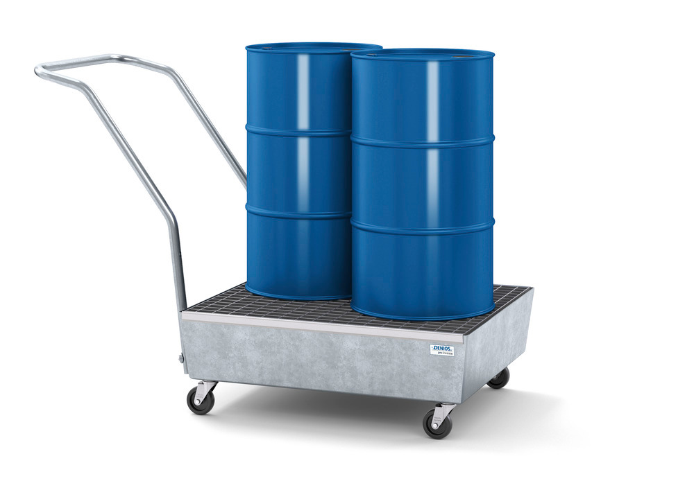 Mobile spill pallet pro-line in steel for 2 x 60 l drums, galvanised, with grid, elec. cond. - 2