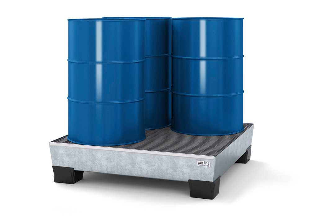 Spill pallet pro-line in steel for 4 drums, galvanised accessible underneath with grid, 1236x1210x29 - 2